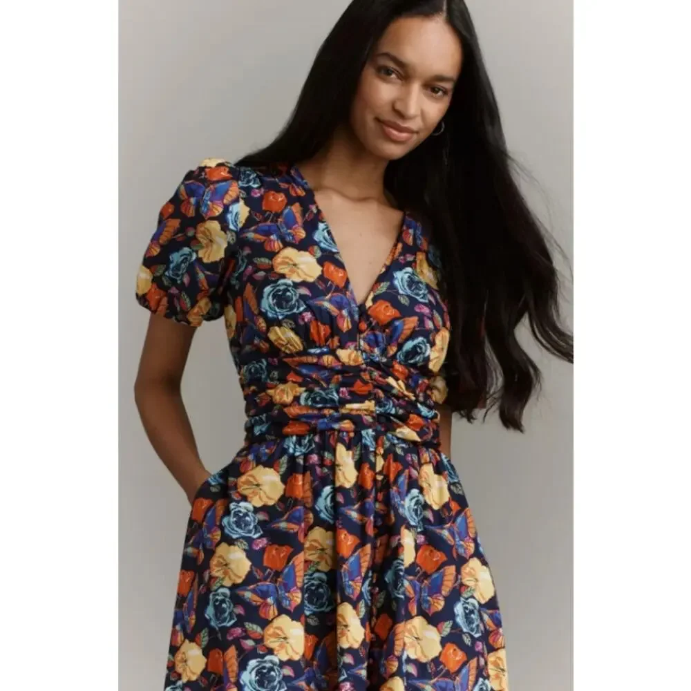 NEW NWT Anthropologie The Katerina Button-Front Dress Navy Floral Maxi Size XL - Picture 4 of 9